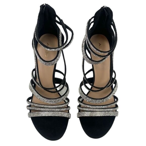 Aldo Haondra Black Suede Rhinestone Strappy Heels Sz 8.5 - Picture 9 of 9